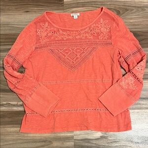 Sundance Eden Lace Boho Top Women’s Sz. PL Coral L/S Crochet 100% Cotton